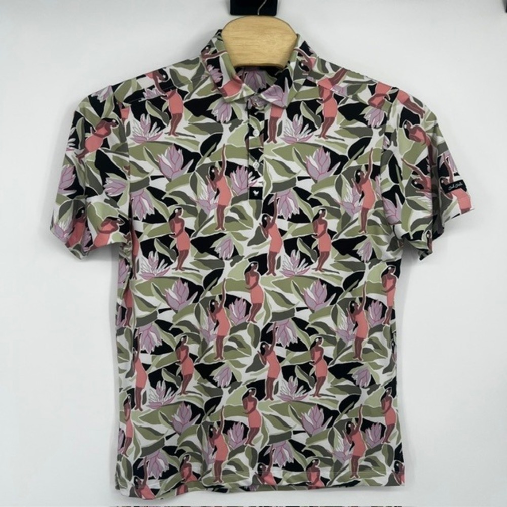 Bad Birdie Men's Large Hula Girl Tropical Green and Pink Performance Golf Polo
